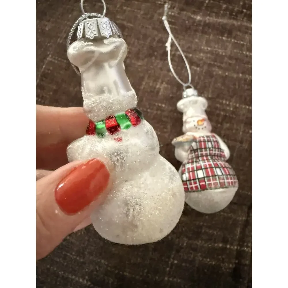 Set of 2 Williams Sonoma Blown Glass Snowman Chef Christmas Ornaments